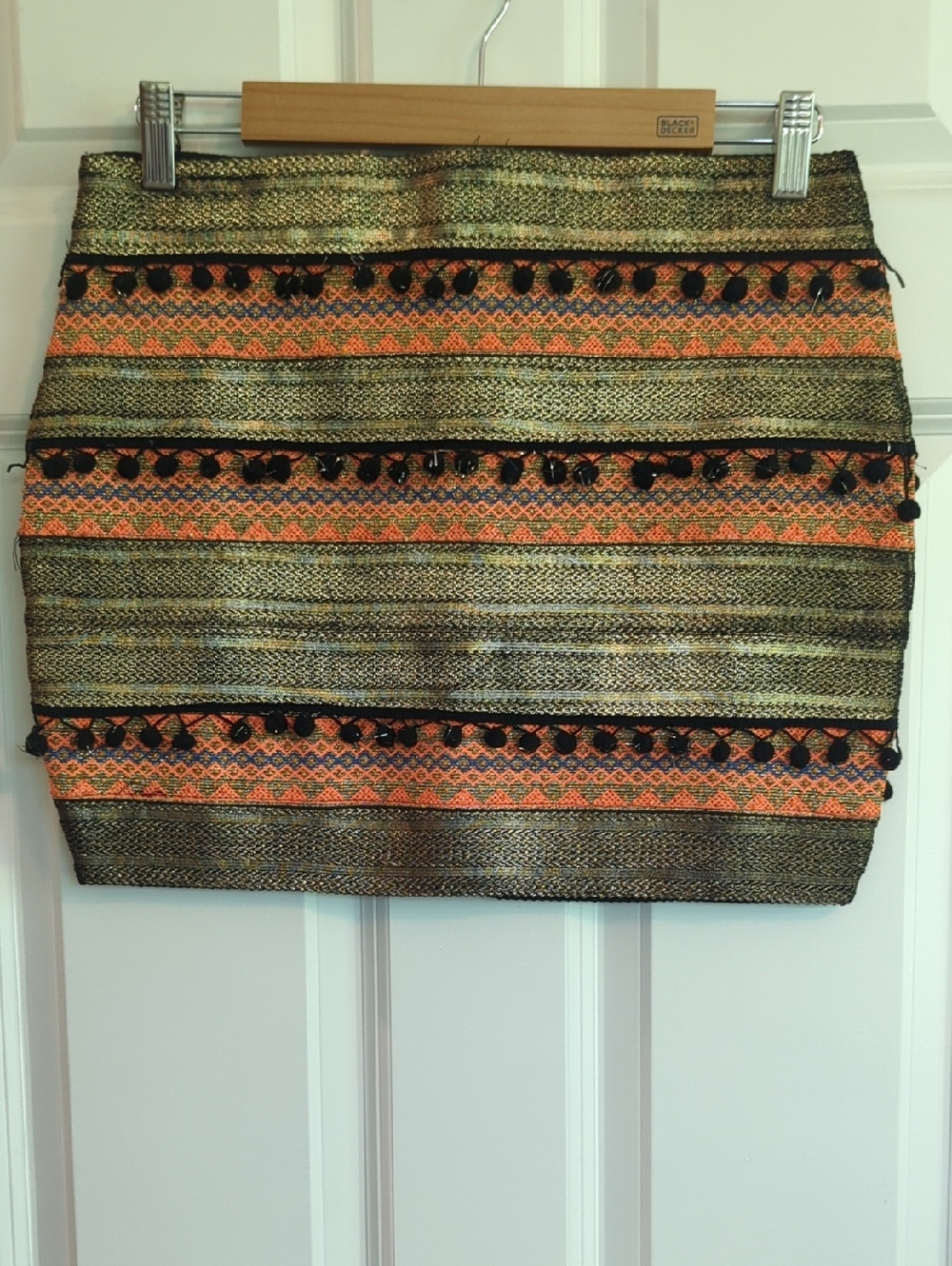 Woven Metallic Stripe Mini Skirt with Pom Trim - Orange & Black